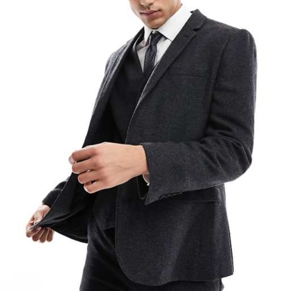 ASOS DESIGN One Button Sport suit jacket black Textured Wool Blend Blazer Sz.38